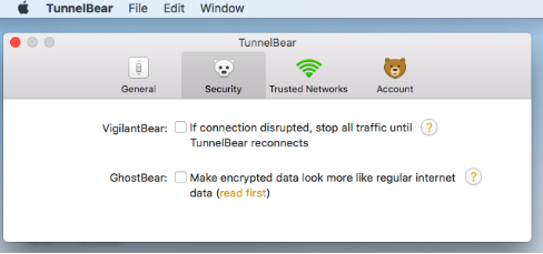 As preferências de segurança do TunnelBear em Mac