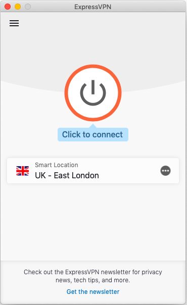 Ecrã inicial da ExpressVPN