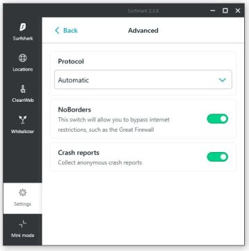 Configurações avançadas da Surfshark