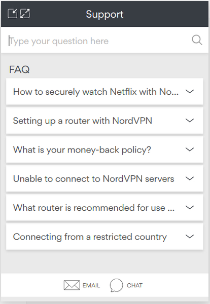caixa de opções de suporte nordvpn