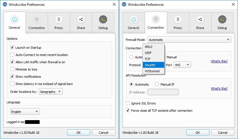 prefer&ecirc;ncias vpn windscribe